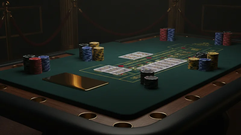 Live casino Malaysia: baccarat table with green felt, gold limits plaque, chips and playing cards