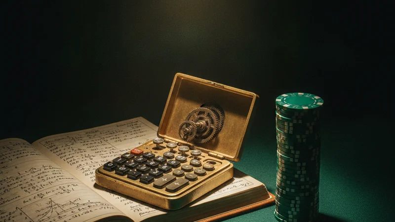 Maxim88 bonus turnover math: brass calculator, handwritten ledger and a stack of green casino chips
