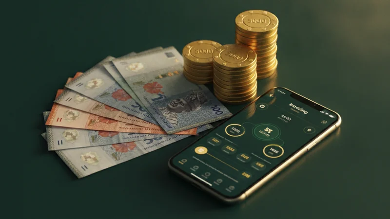 Maxim88 MYR hub: ringgit banknotes, golden casino chips and a smartphone banking app on an emerald surface