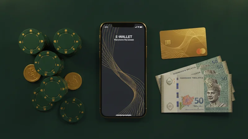 Maxim88 payment methods: e-wallet on smartphone, gold bank card, ringgit banknotes and casino chips on a green desk