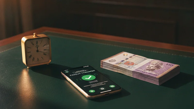 Maxim88 withdrawal concept: payout confirmation on a smartphone beside a clock and a stack of ringgit banknotes