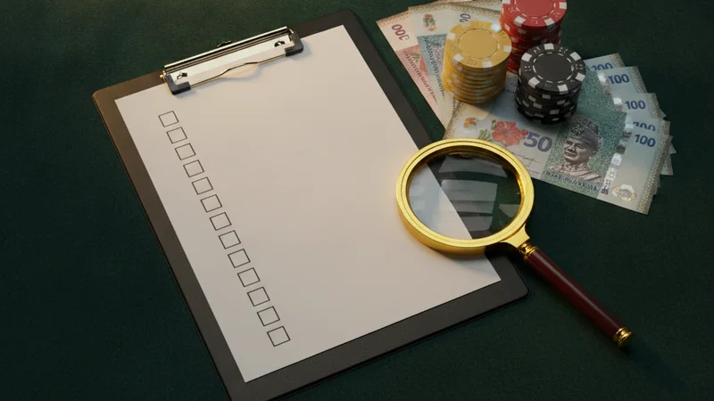 Online casino banking audit: checklist clipboard, magnifying glass, chips and ringgit notes