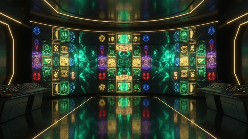 Wall of glowing screens showing colorful slot game reels in a dark studio with emerald and gold light