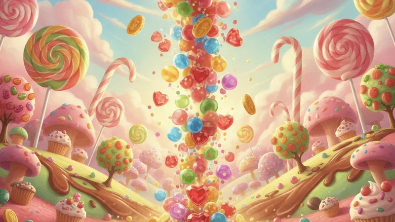 Candy-themed slot game world with tumbling sweets, hearts and gold coins in the style of Sweet Bonanza